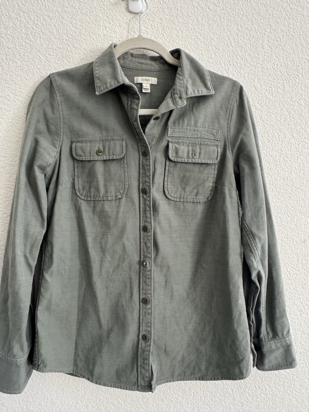 J.CREW Women’s Green Solid Collared Button-Up Shirt Long Sleeve Cotton 4